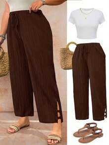 Pantalones de talla grande en color liso y con textura casual - Marrón - Ver 5