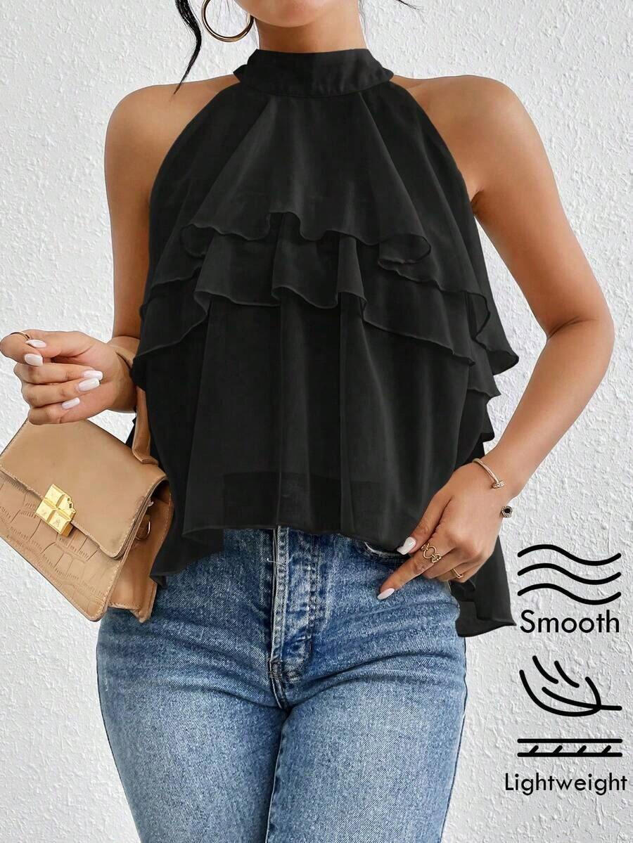 Blusa de gasa con volantes asimétricos y cuello suelto - Negro 2 - Ver 1