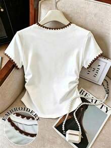 Set de 3 piezas de tops para mujer para exteriores, en color champán, marrón moca y negro, nuevas llegadas de verano, camiseta ajustada con pliegues, de moda y versátil, con estilo callejero fotogénico, imprescindible, de vuelta al colegio, que lla - Blanco - Ver 2