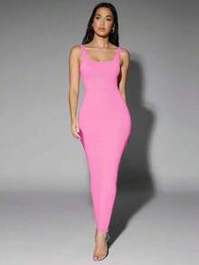 Vestido de tirantes ajustado de cuello cuadrado de unicolor para mujer - Rosa - Ver 6