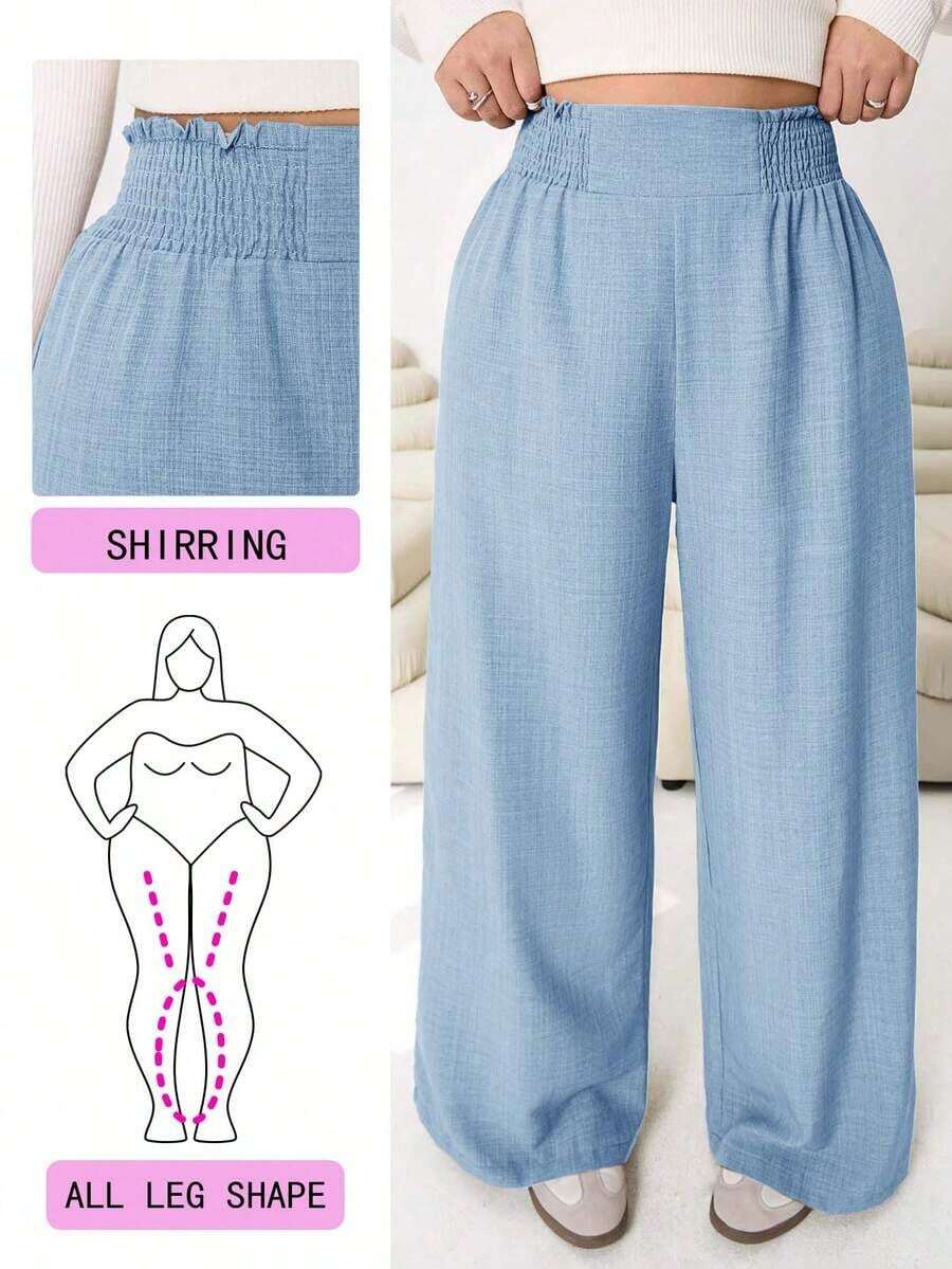 2026 Primavera/Verano Nuevos pantalones casuales para uso diario, fiestas, ir al trabajo, volver al colegio, citas, en casa, fiestas de cumpleaños, para múltiples ocasiones, con cintura elástica holgada, pernera ancha, color beige, talla grande - Azul - Ver 1