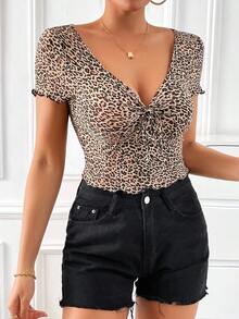 Camiseta con estampado de leopardo con nudo delantero - Multicolor - Ver 4