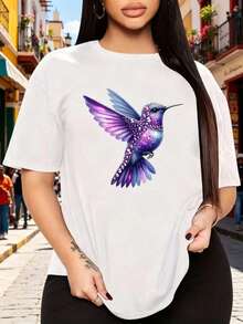 ¡Oferta por tiempo limitado, unidades limitadas,  relámpago! Camisas casuales para mujer, camisetas de poliéster para mujer, camisas elegantes.,Playera camiseta gráfica dama mujer manga corta cuello redondo básica cómoda fresca ligera moderna juvenil casual estampado colibrí ave linda tierna cute primavera verano - Blanco - Ver 2