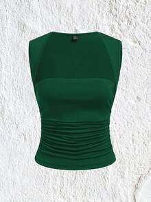 Blusa sencilla sin mangas con cuello cuadrado y fruncido, de color rojo, de estilo casual - Verde - Ver 1