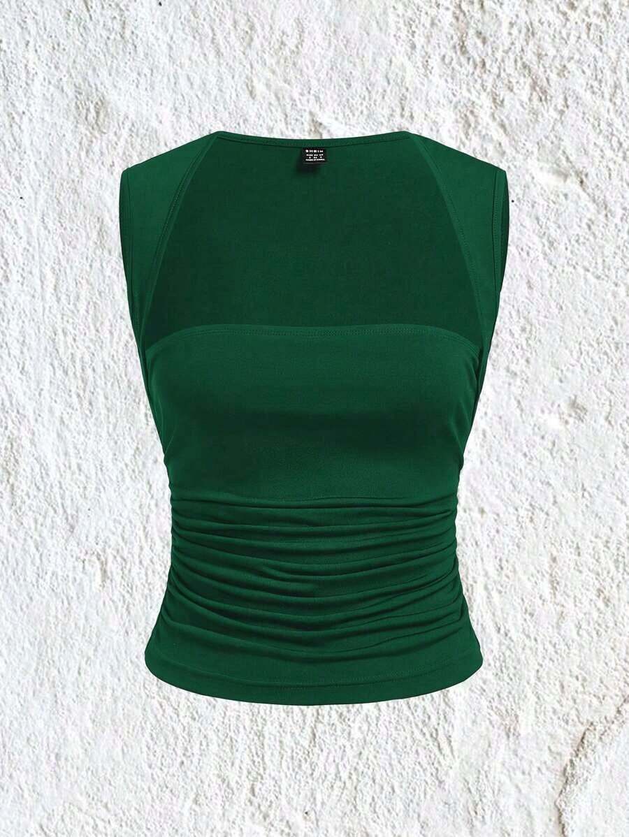 Blusa sencilla sin mangas con cuello cuadrado y fruncido, de color rojo, de estilo casual - Verde - Ver 1