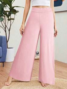 Pantalones casuales de mujer de cintura alta, sueltos, de unicolor y de pierna ancha - Rosa - Ver 1