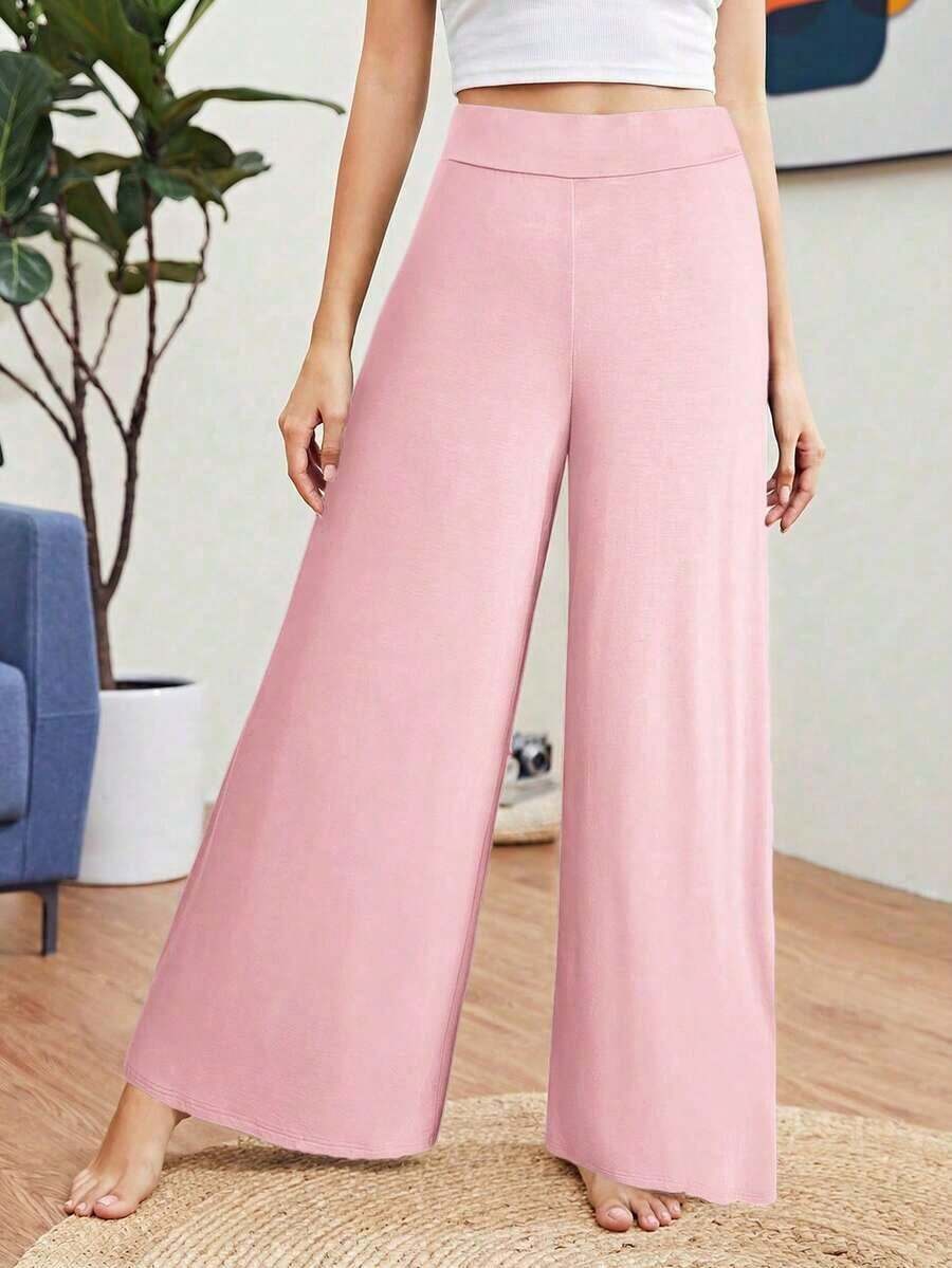 Pantalones casuales de mujer de cintura alta, sueltos, de unicolor y de pierna ancha - Rosa - Ver 1