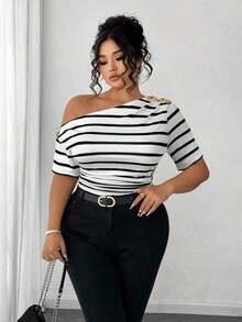 Blusa de hombros descubiertos elegante y versátil de moda casual para mujeres de talla grande - Blanco y Negro - Ver 5