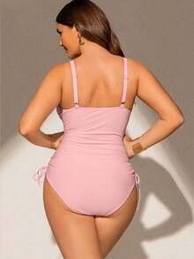 Traje de baño de una pieza para mujer de talla grande, de tela especial, escote en V profundo, tirantes ajustables, almohadillas extraíbles, volantes en el bajo, cintura con cordón, elegante y sexy, traje de baño casual para resort y playa - Rosa - Ver 2