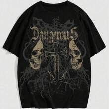 ROMWE MEN Goth Loose Fit T-Shirt With Skull And Cross Print, Gothic Style For Men, 2000s Style - 黑色 - 查看 1