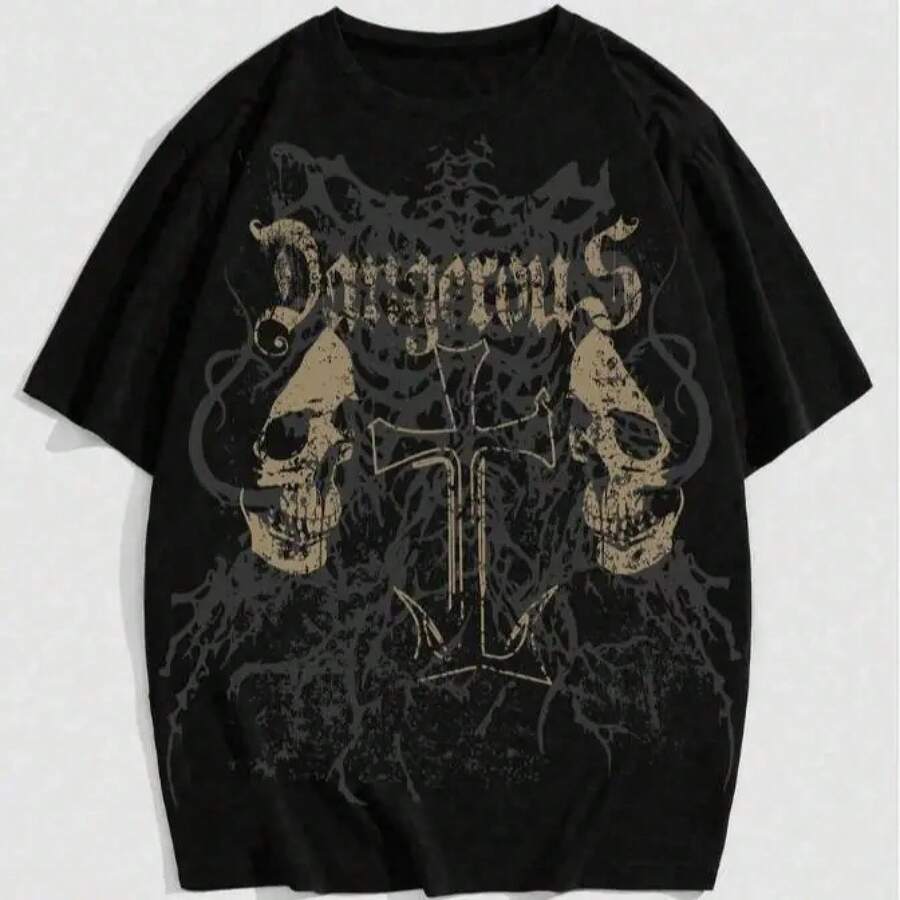 ROMWE MEN Goth Loose Fit T-Shirt With Skull And Cross Print, Gothic Style For Men, 2000s Style - 黑色 - 查看 1