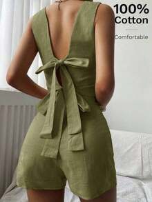 Conjunto de 2 piezas de blusa sin mangas con detalle de lazo y pantalón corto de 100% algodón para mujer, conjunto casual de verano, conjunto de lino - Verde - Ver 8