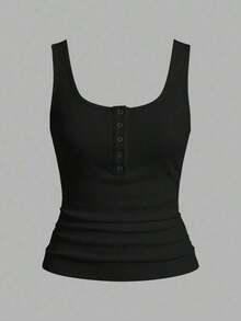 Camiseta sin mangas negra casual y versátil con cuello en U profundo y espalda de tirantes - Negro - Ver 1