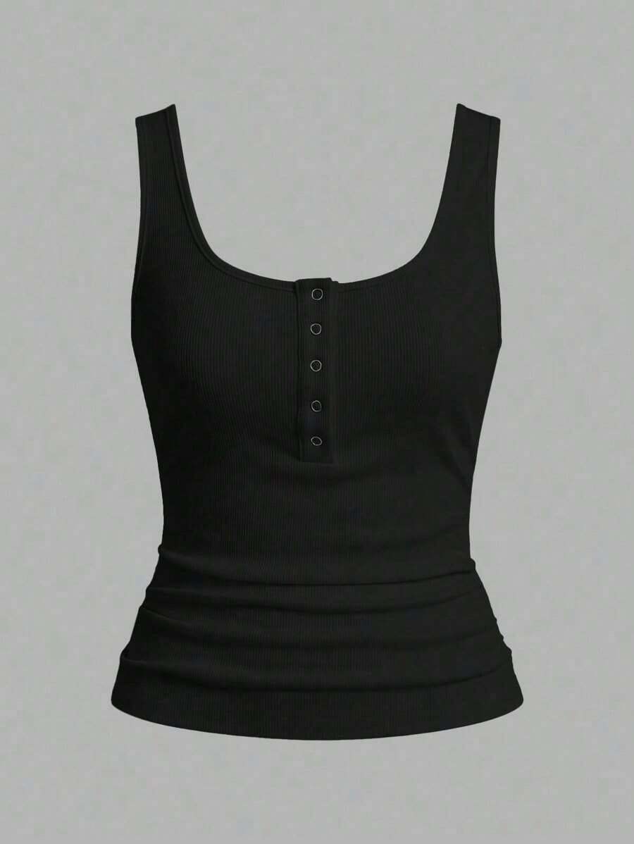 Camiseta sin mangas negra casual y versátil con cuello en U profundo y espalda de tirantes - Negro - Ver 1