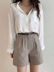 Camisa de bolsillo de un solo pecho sólido, Ropa de mujer de manga larga para otoño - Blanco - Ver 7