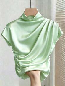Camiseta blanca de manga corta ajustada con pliegues de unicolor y versátil para mujer - Verde - Ver 6