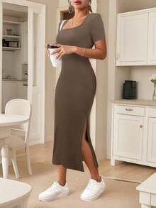 Frenchy Vestido elegante de unicolor de manga corta con abertura simple para mujeres - Café integral - Ver 6