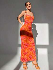 Vestido largo con tirantes de espagueti y espalda descubierta, de estilo minimalista y apropiado para el verano - Naranja - Ver 5