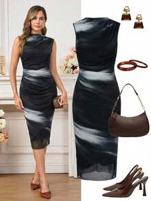 Vestido de verano para mujer sin mangas plisado con estampado floral de malla de punto - Negro - Ver 9