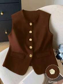 Top de tirantes de moda con decoración de flor de metal para mujer, para verano - Café integral - Ver 5