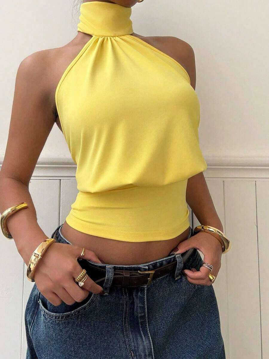 Top de punto con cuello de halter color albaricoque para mujer - Amarillo - Ver 1