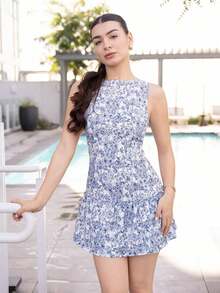 Vestido mini elegante de estilo bohemio con estampado floral, sin mangas y cintura ceñida para mujeres, conjunto de verano con acabado tejido al estilo francés para graduaciones, primavera/verano - Multicolor - Ver 3