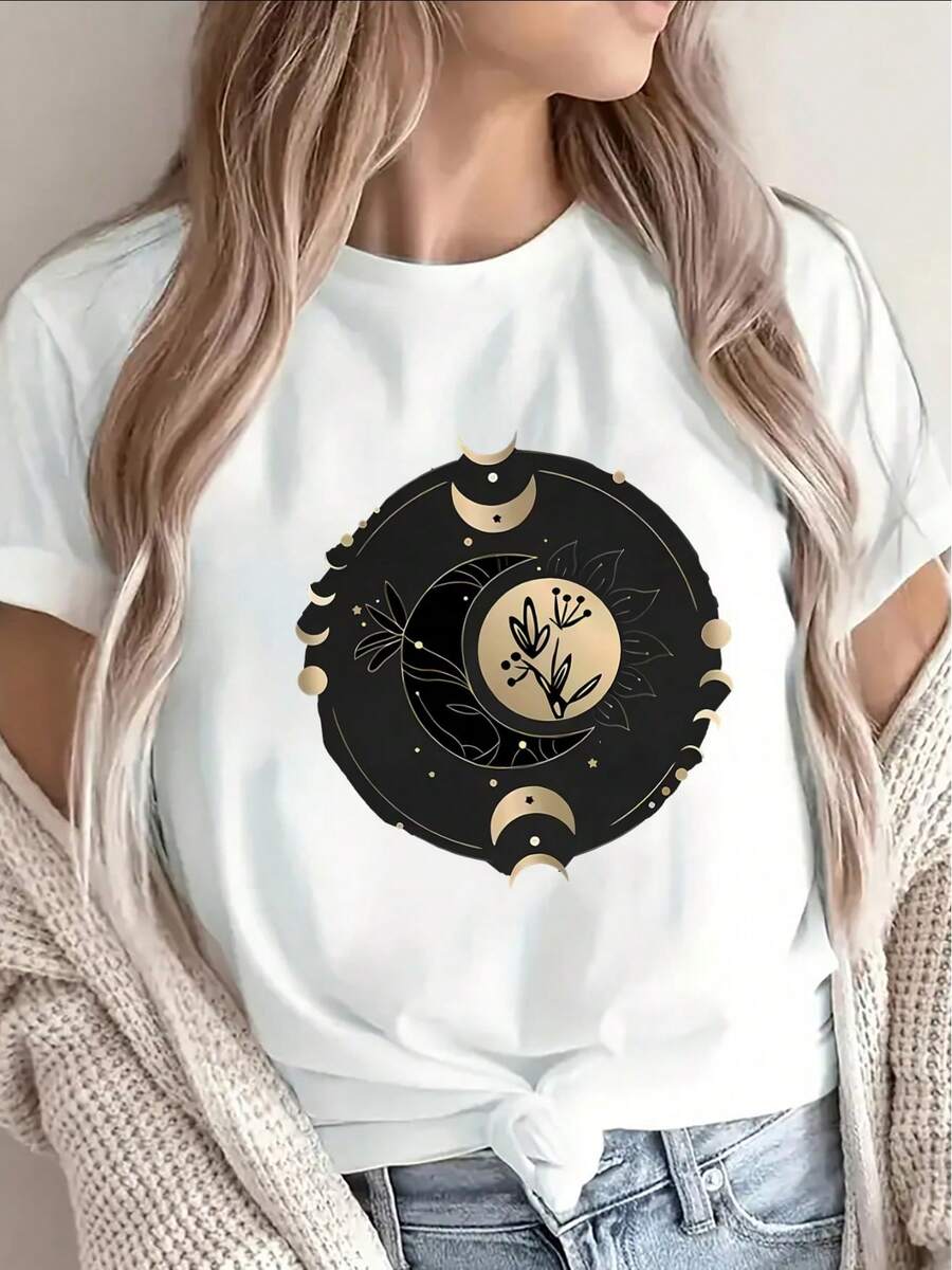 Camiseta de manga corta de poliéster con cuello redondo, con diseño de patrón de fases lunares, ligera y duradera, adecuada para el uso diario, ya sea en casa, en una cafetería o para actividades al aire libre, con un tejido suave y cómodo combinado con elegantes estampados dorados. Blusas Para Mujer Casual. - Blanco - Ver 1