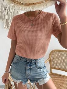 Camiseta casual de manga corta y cuello redondo llana para mujeres, verano - Rosa coral - Ver 6