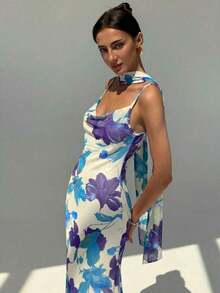 vestido con cuello drapeado sexy con espalda descubierta, estampado de malla con flores románticas y tirantes extra largos - Azul - Ver 7