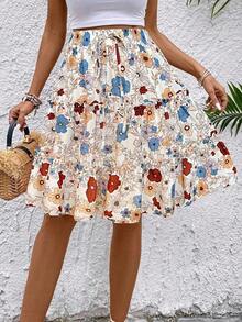 Falda de línea A con volantes y forro, diseño floral de rosas rosas y florecitas, elegante y nueva para la primavera/verano 2026 de Jfghh para mujer, adecuada para mujeres de 20 a 35+ años para ocasiones casuales, vacaciones, playa, citas, o para ir al trabajo (estampado aleatorio). - Multicolor - Ver 6