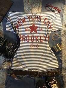 Camiseta de manga corta ajustada con hombros descubiertos, estilo casual y retro, impresa con "NEW YORK", adecuada para uso diario, ir y venir, fiestas, reuniones y ocasiones de vuelta al colegio. - Multicolor 9 - Ver 7