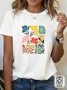 1 Plus Size T-Shirt, Floral Print, White Short Sleeve Round Neck T-Shirt, Machine Washable, Casual Style, Comfortable Fit, Modern Design, Versatile For Everyday Wear, Soft Fabric, Fashionable Style, 180g 100% Cotton. - 白色 - 查看 1