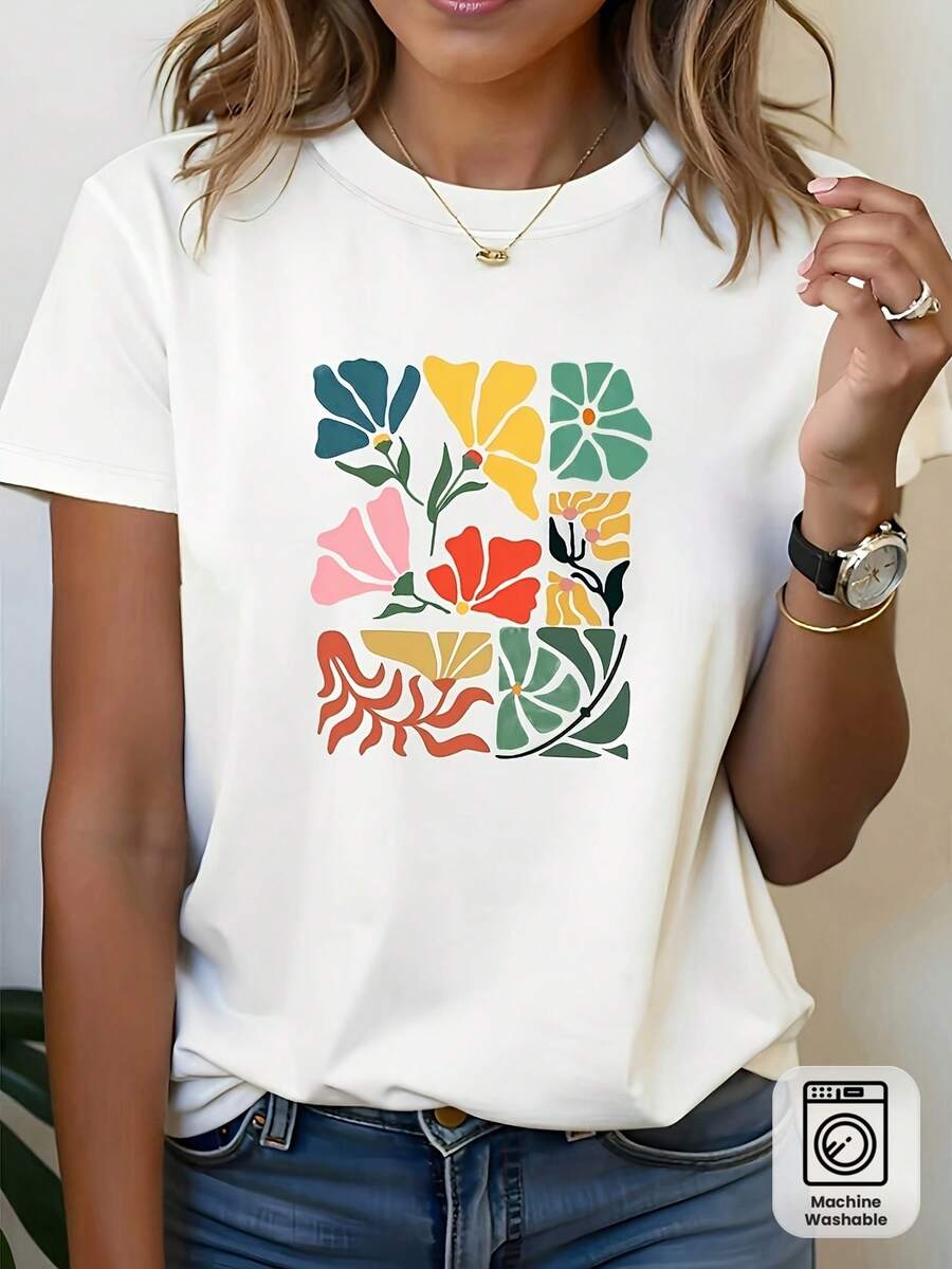 1 Plus Size T-Shirt, Floral Print, White Short Sleeve Round Neck T-Shirt, Machine Washable, Casual Style, Comfortable Fit, Modern Design, Versatile For Everyday Wear, Soft Fabric, Fashionable Style, 180g 100% Cotton. - 白色 - 查看 1