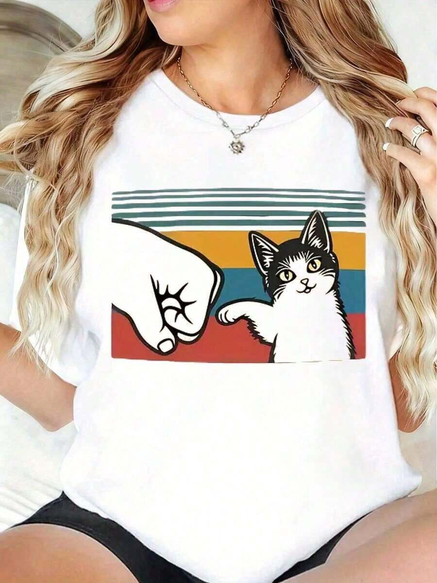 Women's 100% Cotton Printed T-Shirt, Plus Size, Printed With "The Best Cat Dad Ever" - Fun Short-Sleeved Summer T-Shirt With Cat And Paw Print Print, Black, Casual, Perfect Gift For Cat Lovers, Everyday Printed T-Shirt, Round Neck, Short Sleeve, Stretch Fabric, Summer Top. - 白色 - 查看 1