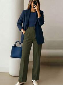 Women's High Waist Army Green Long Pants, Simple Fashionable Commuter Y2K Style, Comfortable Slim Fit Versatile (Accessories Not Included) - Army Green - View 2