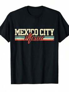 Retro Vintage Souvenir T-Shirt For Mexico City, Mexico | 100% Cotton, Crew Neck, Regular Fit, Short Sleeve, Durable Fabric, Ideal For Outdoor Activities, Casual Wear, Parties, Christmas, Vacation Enthusiasts, Short Sleeve T-Shirt - 黑色 - 查看 1