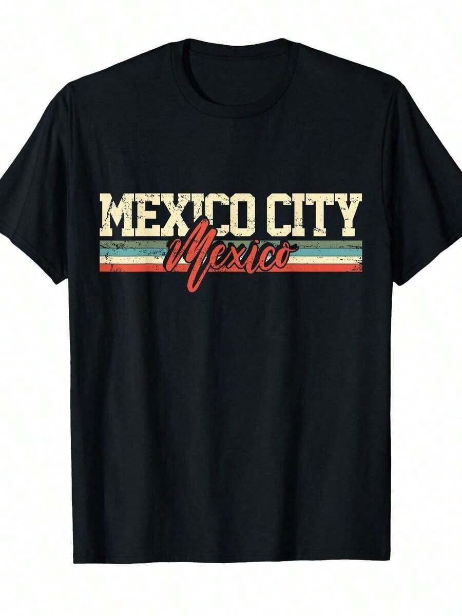 Retro Vintage Souvenir T-Shirt For Mexico City, Mexico | 100% Cotton, Crew Neck, Regular Fit, Short Sleeve, Durable Fabric, Ideal For Outdoor Activities, Casual Wear, Parties, Christmas, Vacation Enthusiasts, Short Sleeve T-Shirt - 黑色 - 查看 1