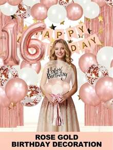 16th Birthday Rose Gold Birthday Decorations For Women Girls, Pearl White Balloons Garland Happy Birthday Balloons Banner Birthday Sash Crown Star Garland Fringe Curtains For Birthday Party Decoration Room Decor - 16歲生日 - 查看 11