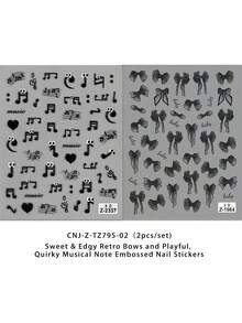 2 pièces Ensemble d'autocollants pour ongles 5D gaufrés - Notes de musique noires et nœud papillon rétro, style doux et épicé, décoration d'ongles DIY convenant pour les festivals de musique, les fêtes et le port quotidien - Multicolore - Voir 12
