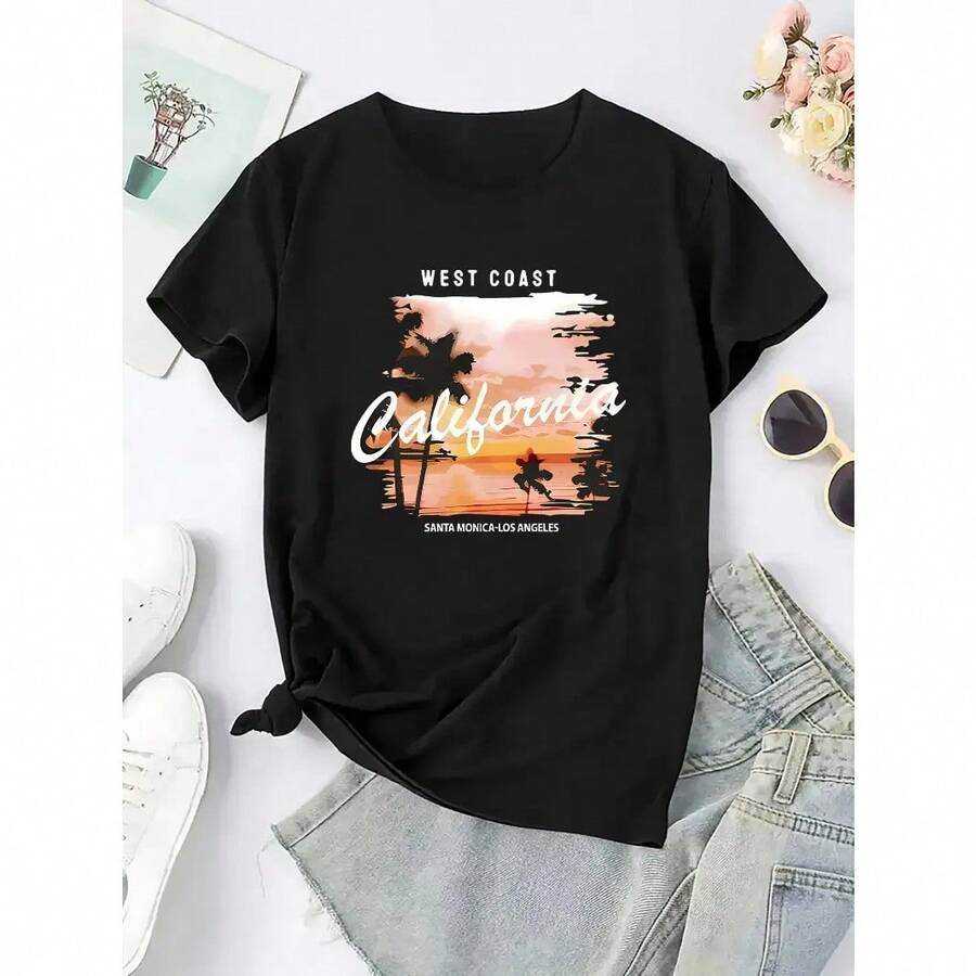 Camiseta de algodón de manga corta para mujer con estampado gráfico de la oeste de California, puesta de sol, palmera, vacaciones, playa, verano, ropa casual de calle. - Negro - Ver 1
