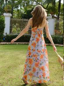 Vestido sin mangas con abertura alta y estampado floral en todo el vestido, adecuado para vacaciones de verano en color rosa - Morado - Ver 6