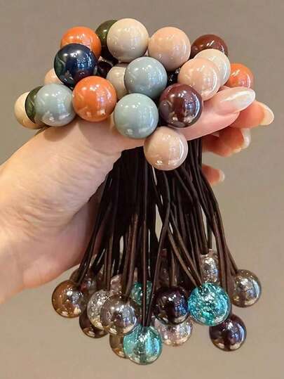 7pcs Soft Colorful Pom Pom Hair Scrunchies, High Elasticity Brown Tone Hair Accessories For Women & Girls, Double-Ended Ponytail Holders, Damage-Free, Sturdy, Suitable For Daily Use