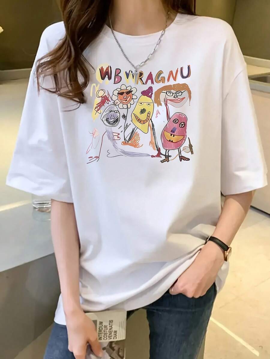 Women's Clothing. This Women's Summer Short-Sleeved T-Shirt Features A Fitted Design And A Cartoon Print, Made From Pure Cotton, Making It Perfect As A Wardrobe Staple. Women's Shirts - 白色 - 查看 1