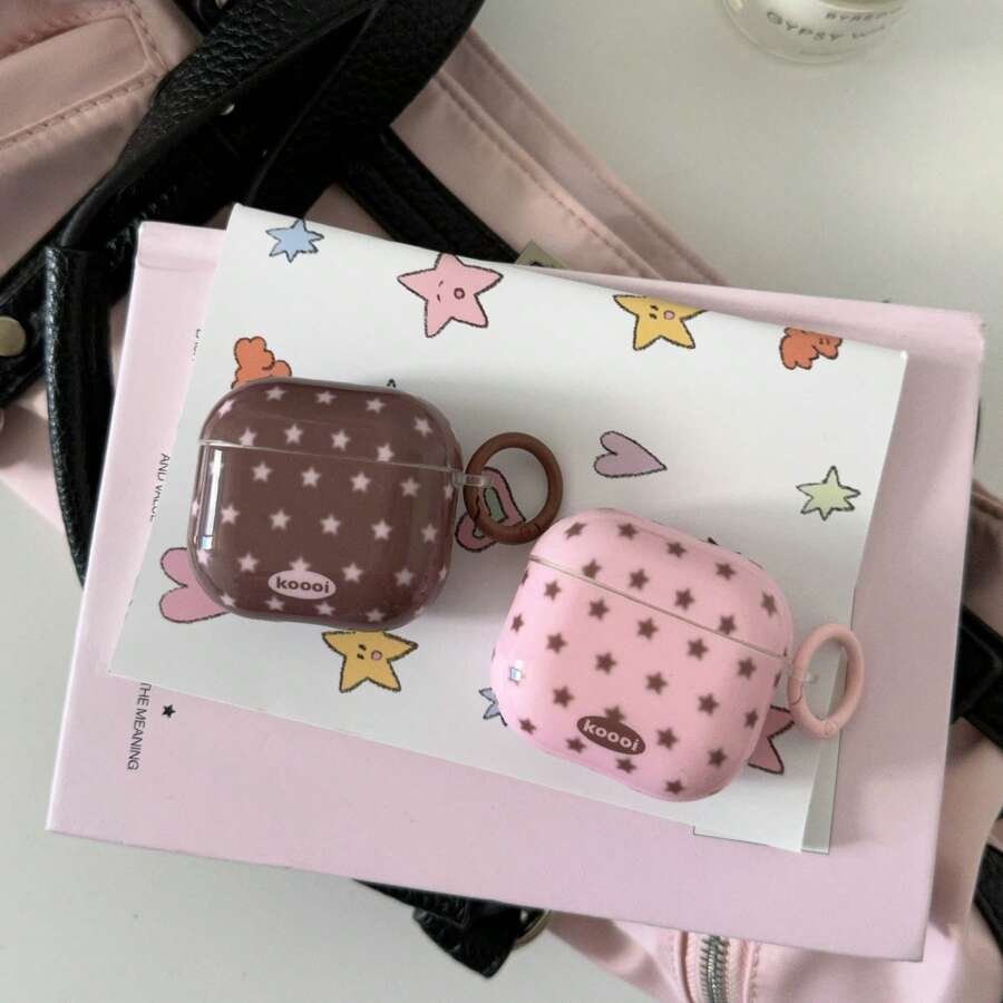 Minimalist Pink & Beige Star + Circle Earphone Case Suitable For Airpods 4th Gen, Cute Earphone Cover For Airpods 2/3/Pro 2/3, Korean Style Protective Case For Couples - Multicolor - View 1
