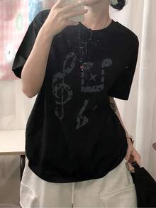 Women's Loose-Fitting Short-Sleeved Custom T-Shirt, Sweet And Modern Casual Style, With Star And Musical Symbol Print, Made Of Pure Cotton Fabric, Suitable For Everyday Summer Wear, Versatile And Casual - Unisex Loose-Fitting Short-Sleeved Cotton T-Shirt With Vintage-Style Round Neck. - 黑色 - 查看 7