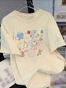 Women's Custom Heavyweight Pure Cotton Short Sleeve T-Shirt With Summer Cartoon Letter Print, Loose Fit, Versatile, Figure-Slimming Short Sleeve Top For Students - Unisex Loose Fit Cotton Short Sleeve Crew Neck Urban Vintage Style T-Shirt. - 黑色 - 查看 5
