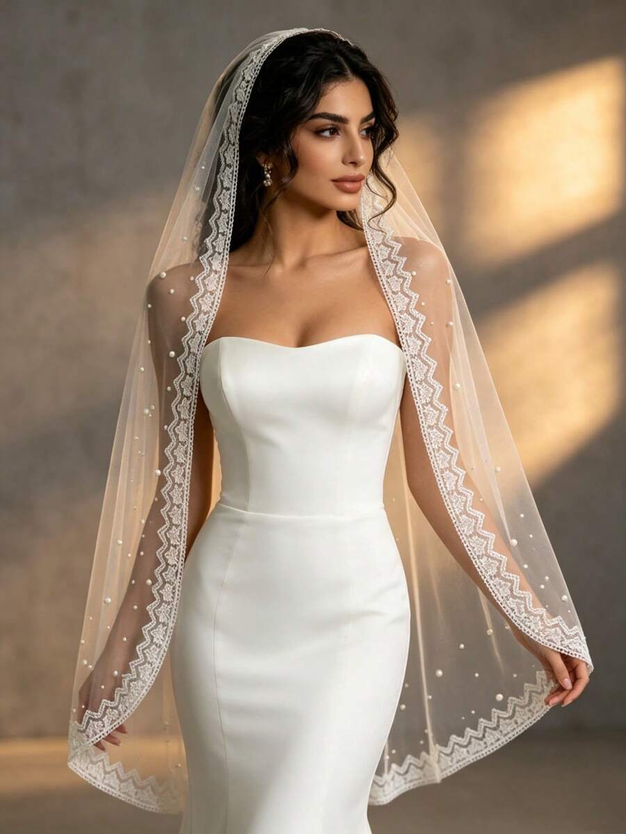1 chiếc khăn voan cô dâu ren mềm đính ngọc trai giả kèm lược cài tóc, thích hợp cho đám cưới, chụp ảnh cưới và lễ đăng ký kết hôn.