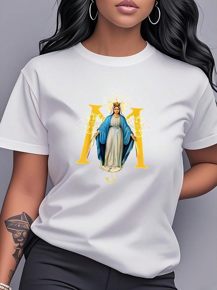 Vintage T-Shirt With Artistic Print Of The Virgin Mary For Women, European And American Style, Religious Aesthetic, Short Sleeve, Italian Magazine Style, Pure Cotton Top With Round Neck, Fashion T-Shirt Spring/Summer 2026. - 白色 - 查看 1