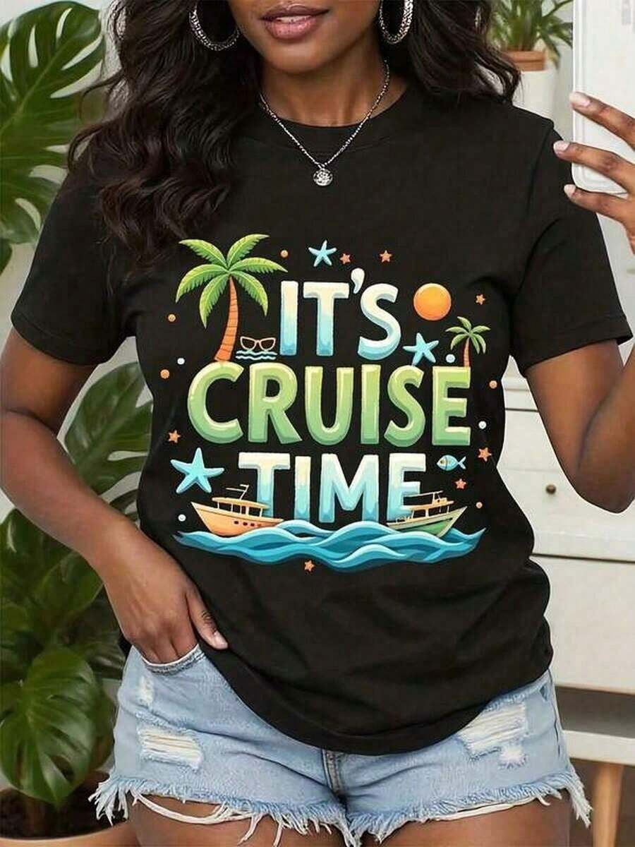 Camiseta de crucero con estampado de palmeras tropicales y barcos, perfecta para vacaciones, playa y atuendos de viaje de verano, camisetas de mujer, ropa para celebraciones festivas, camiseta gráfica festiva, ropa de moda festiva para amantes. - Negro - Ver 1