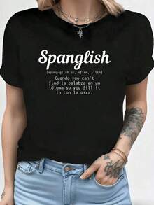 Ropa de verano, Camiseta divertida con definición en español de "Spanglish" para hispanos, puertorriqueños y mexicanos, Conjuntos de verano para mujer, Tops negros, Playeras de mujer - Negro - Ver 8